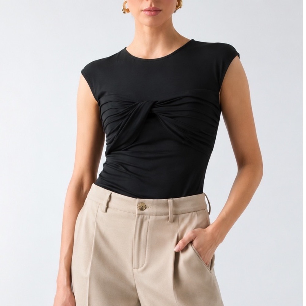 Marciano‎ by Guess Amelia Crew Neck SL Top Jet Black Twisted Knot Ruched NWT L